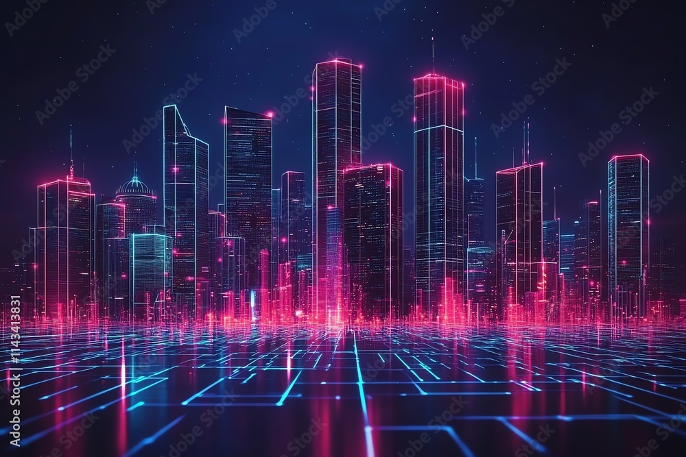 Poster futuristic city skyline with glowing neon lights and digital patterns.