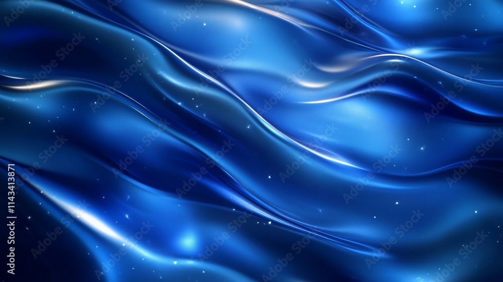 Poster a shimmering blue wave pattern with fluid movement, evoking a sense of calm and depth in a tranquil 