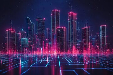 Fototapeta premium Futuristic city skyline with glowing neon lights and digital patterns.