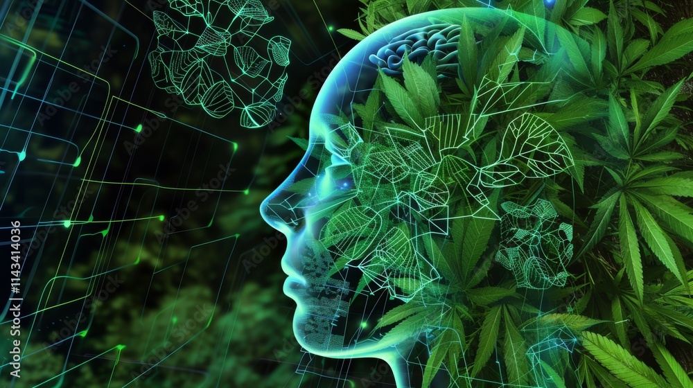 Poster conceptual depiction of artificial intelligence's integration with nature. a glowing human brain and
