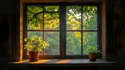 Fototapeta premium Sunlit Window with Lush Greenery and Tranquil View