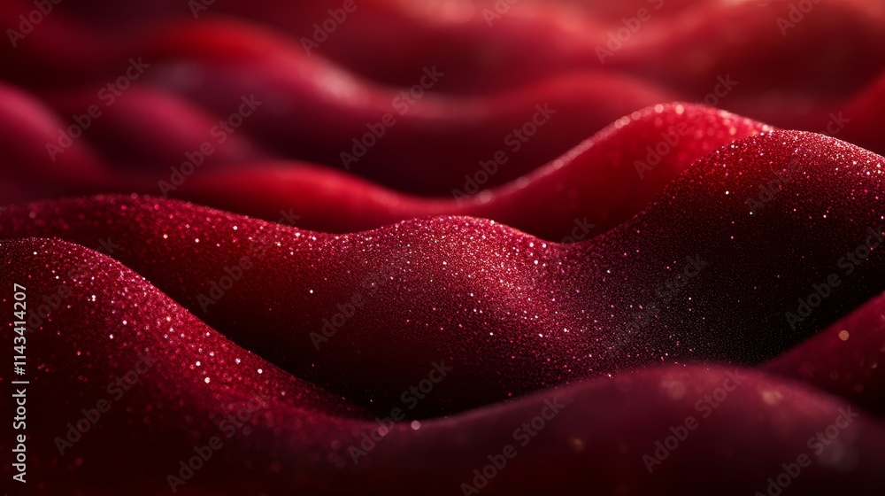 Poster a close-up view of rich, textured red fabric with soft waves and a glistening surface, creating a lu