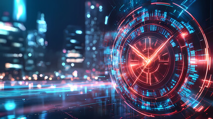 A futuristic clock design, glowing brightly against a blurred city night backdrop. its intricate, digitallike structure symbolizes rapid progress and modern urban life. Chronos. Illustration