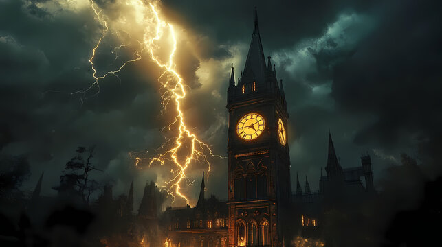 A massive lightning bolt strikes a historic clock tower at dusk, casting an eerie glow on the surrounding. Chronos. Illustration