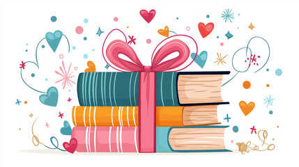 A stack of books tied with a ribbon and a small heart-shaped charm.