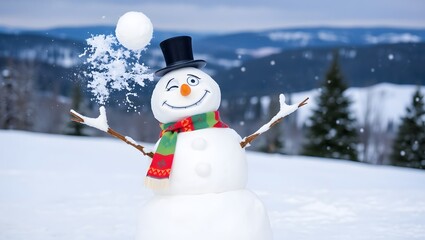 Obraz premium Playful Snowman Throwing Snowball Winter Fun