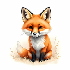 Obraz premium Adorable fox sitting in tall grass, a captivating digital illustration. Peaceful, serene, and whimsical.