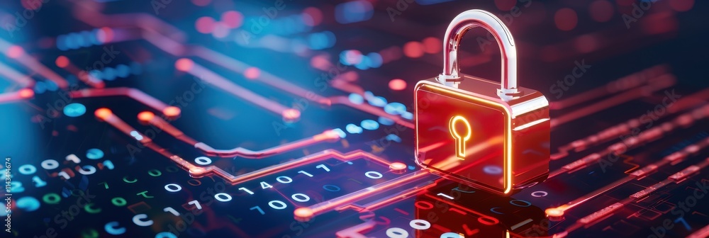 Poster a digital lock on a circuit board background symbolizes cybersecurity and data protection in a moder