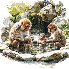 Obraz premium Watercolor Painting of Japanese Macaques Bathing in a Hot Spring with their Young.