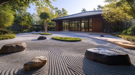 Obraz premium Serene zen garden, modern building backdrop.