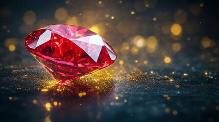 A sparkling red diamond rests on a dark surface, illuminated by soft golden lights, creating an enchanting and luxurious atmosphere.