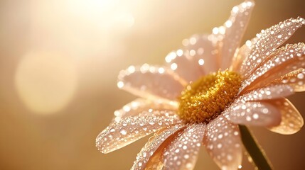 Dewdrops Adorn A Peach Colored Daisy Flower