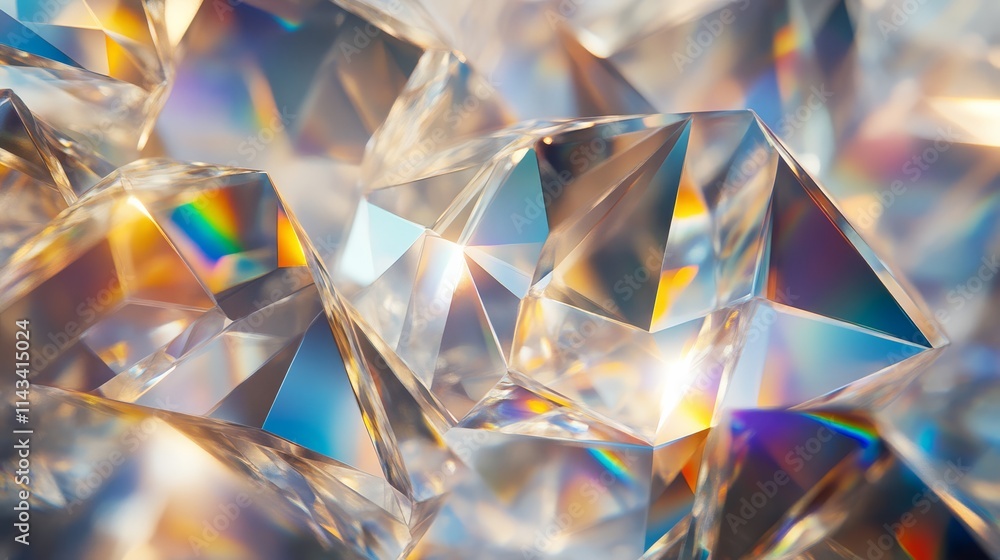 Poster a close-up view of sparkling, multi-faceted crystals reflecting light, showcasing vibrant colors and