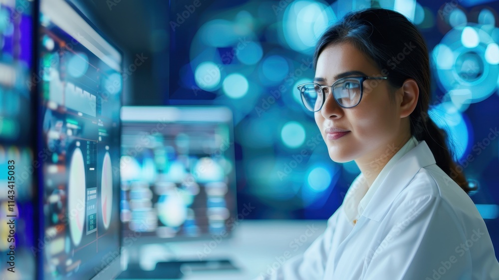 Poster a focused woman in glasses analyzes data on multiple computer screens in a high-tech environment, sh