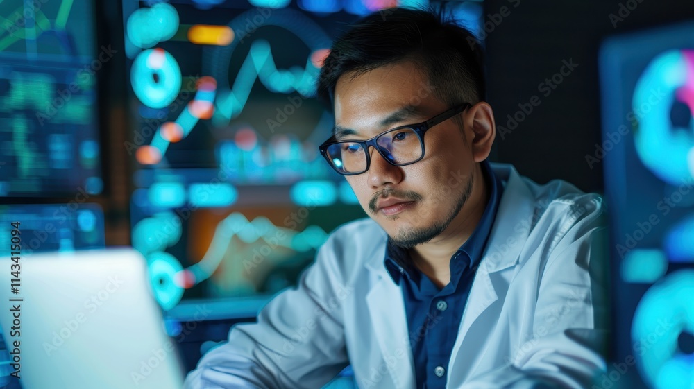 Poster a focused professional analyzes data on a laptop in a high-tech environment filled with digital char