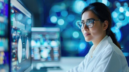 A focused woman in glasses analyzes data on multiple computer screens in a high-tech environment, showcasing modern scientific research.