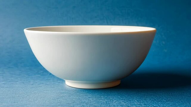 Simple white ceramic bowl with a smooth finish on a blue background, ideal for various culinary uses and decoration