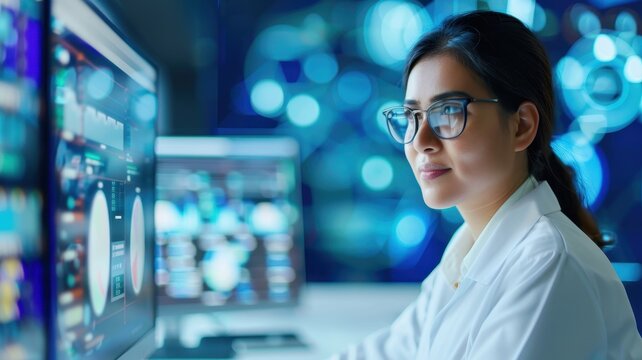 A focused woman in glasses analyzes data on multiple computer screens in a high-tech environment, showcasing modern scientific research.