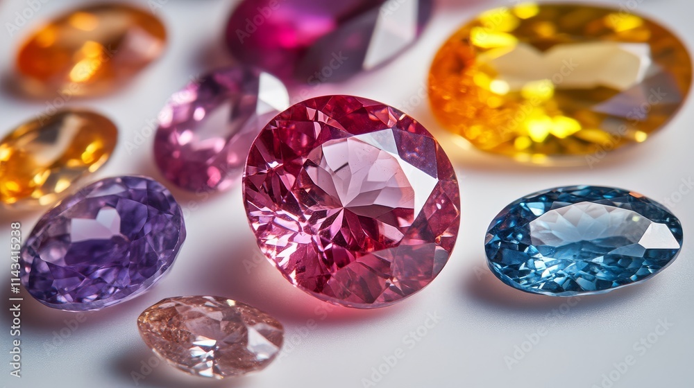 Poster a vibrant collection of various gemstones, showcasing an array of colors and cuts, reflecting light 