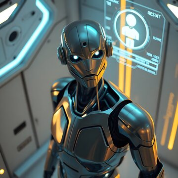 "Futuristic humanoid robot with glowing eyes in a high-tech environment, showcasing advanced artificial intelligence and robotics technology in a sci-fi setting