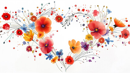 A watercolor painting of a heart-shaped wreath of flowers.