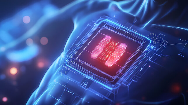 Advanced pain management patch with microchip and sensor technology provides controlled release of medication through intelligent dosing and monitoring system in modern design. Chronos. Illustration