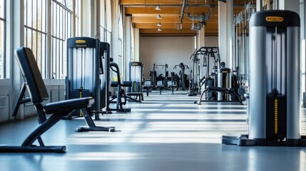 Fototapeta premium A modern gym with clean, industrial-style design, featuring sleek, high-tech fitness equipment, a spacious layout, and contemporary furnishings that create an energizing atmosphere.