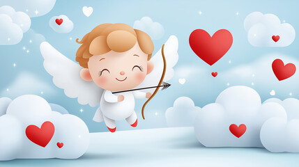 A whimsical cupid with a bow and arrow flying through clouds.