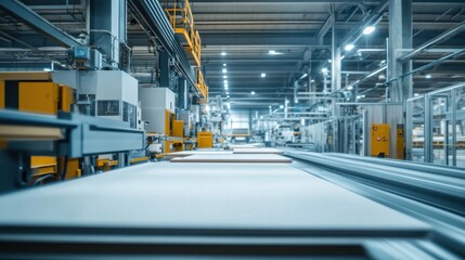 Fototapeta premium A modern gypsum board manufacturing plant with automated systems operating on raw materials, showcasing machines blending and shaping gypsum boards ready for distribution.