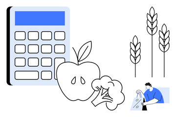 Calculator next to apple, broccoli, wheat stalks, and shopper. Ideal for budgeting, grocery shopping, healthy eating, agriculture household economics personal finance food sustainability. Line