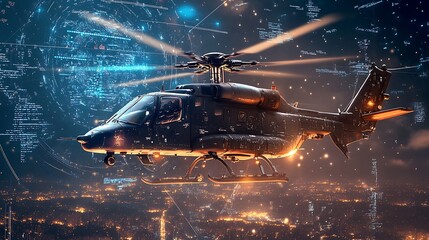 Military Helicopter Surveillance Night Vision. Concept of advanced technology, security, and defense.