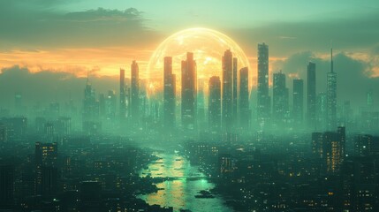 Futuristic Cityscape and Holographic Globe Highlighting Environmental Social Governance Metrics in Renewable Energy Sector