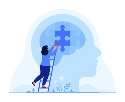 Woman placing a puzzle piece in a brain silhouette. Mental health, therapy, psychotherapy, psychology, psychiatry, neurology, memory concept. Flat vector illustration isolated on white background