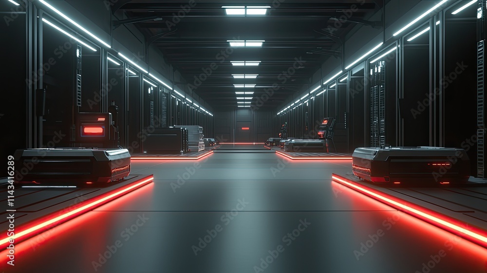 Aufkleber A visual representation of automated inventory management with robots in a high-tech warehouse. The sleek design and bright LED lights enhance the futuristic atmosphere,