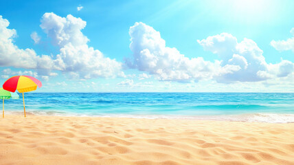 Fototapeta premium A whimsical beach scene featuring colorful umbrellas, soft golden sand, and a crystal-clear ocean, all under a bright blue sky adorned with fluffy white clouds, evoking a cheerful summer vibe.
