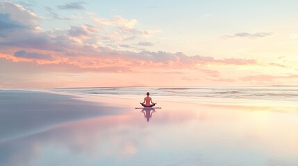 Fototapeta premium A calming image of an individual practicing yoga at sunrise on a peaceful beach, reflecting the connection between nature and mental well-being, with soft pastel colors i