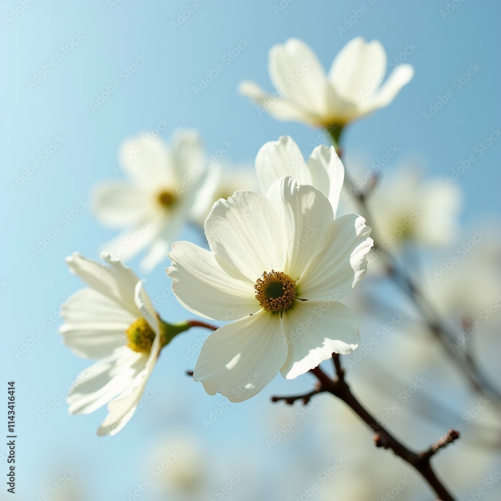 Poster the image is a close-up of a group of white flowers on a tree branch. the flowers are in full bloom 