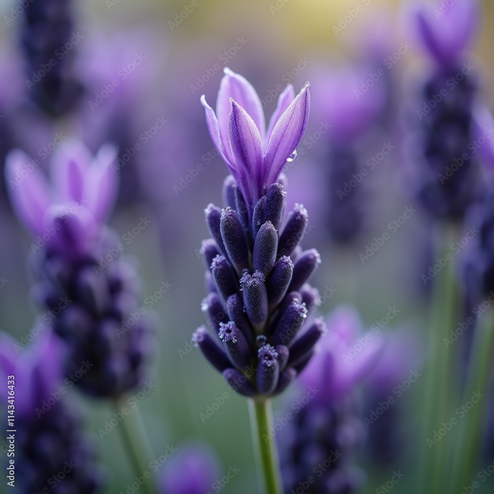 Poster the image is a close-up of a lavender flower in full bloom. the flower is a deep purple color and ha