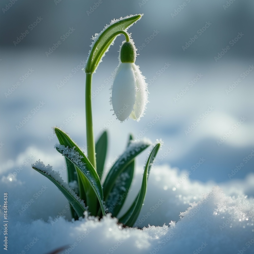 Poster the image is a close-up of a single snowdrop flower in the snow. the flower is in the center of the 