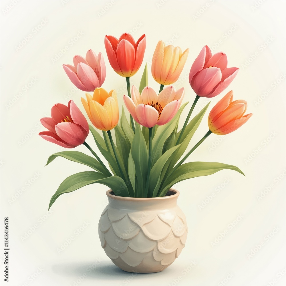 Poster the image is a digital illustration of a vase with a bunch of tulips in it. the vase is white with a