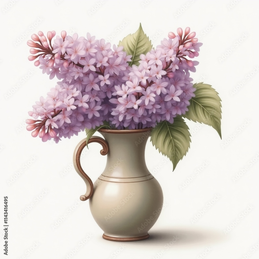 Poster the image is a digital illustration of a vase with a bunch of lilac flowers in it. the vase is beige