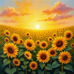 Fototapeta premium The image is a painting of a field of sunflowers at sunset. The sky is painted in a warm orange and yellow hue, with the sun setting in the background.