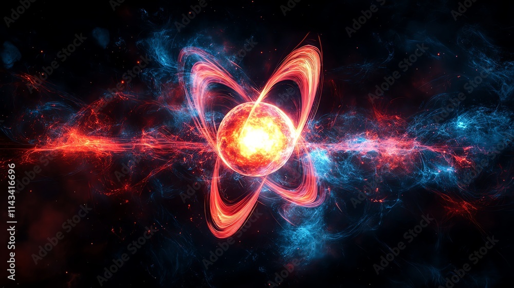 Aufkleber a vibrant depiction of an atomic structure with swirling energy in a cosmic background.