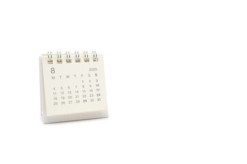 Simple desk calendar for AUGUST 2025 isolated on white background. Calendar concept with copy space. 2025 AUG calendar.