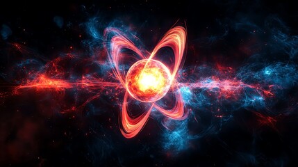 A vibrant depiction of an atomic structure with swirling energy in a cosmic background.