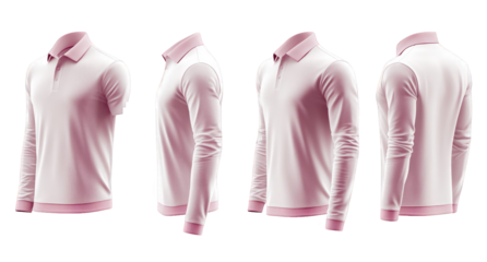 a pink long-sleeve polo shirt mockup with a transparent background four different angles of the shirt are shown the shirt is perfect for showcasing your designs or brand logos