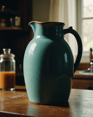 Close-up jarra verde con asa en una cocina