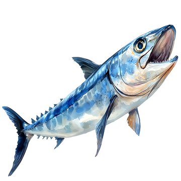 Watercolor Painting of a King Mackerel Fish Leaping from the Ocean.