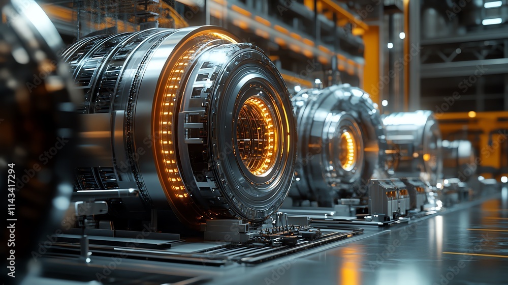 Poster futuristic machinery with glowing components in a high-tech industrial setting.