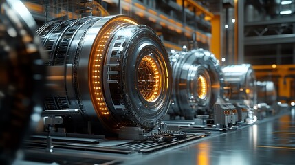 Futuristic machinery with glowing components in a high-tech industrial setting.